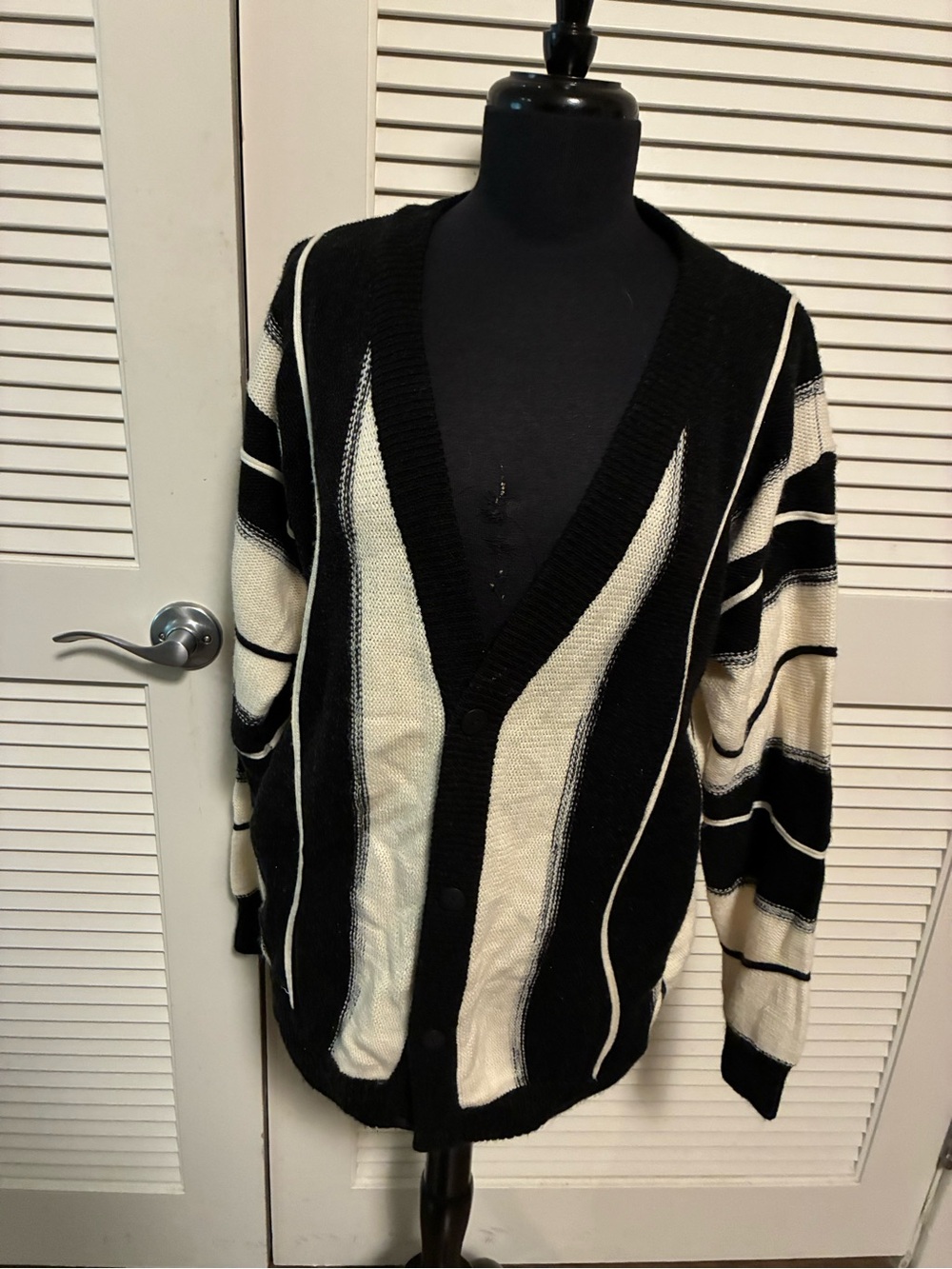 Vintage Black and White Striped V-Neck Cardigan